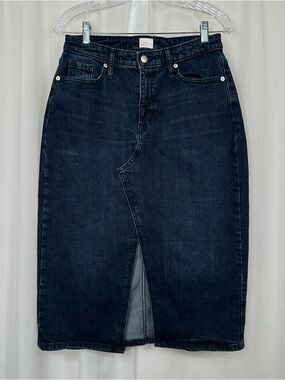 A New Day Womens Denim Midi Skirt Size 6/28R Dark Wash Stretchy Front Slit